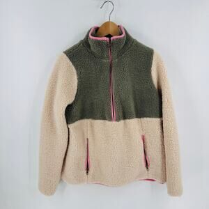 Boden Two-Tone Sherpa Half-Zip Pullover in Olive Green, Cream & Pink Trim